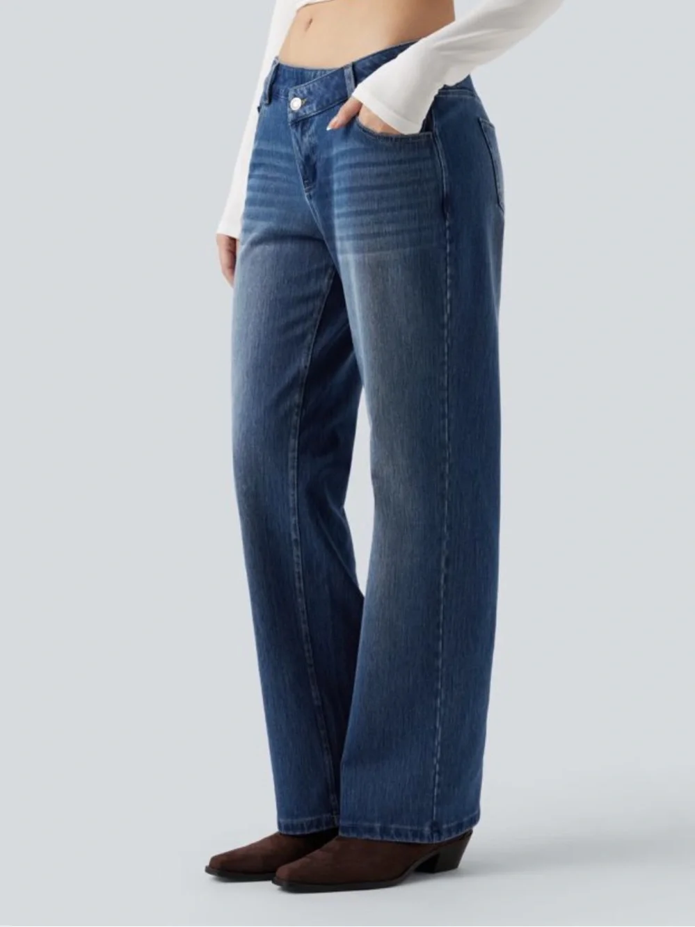 NWOT Halara Dark Wash Flex Asymmetric Low Rise Straight Leg Jeans